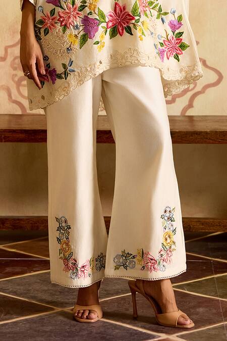 Chandrima Ivory Chanderi Embroidery Round Neck Kimono Tunic And Cutwork Pants Online at Aza Fashions Chandrima_Ivory Chanderi Embroidery Round Neck Kimono Tunic And Cutwork Pants _Online_at_Aza_Fashions