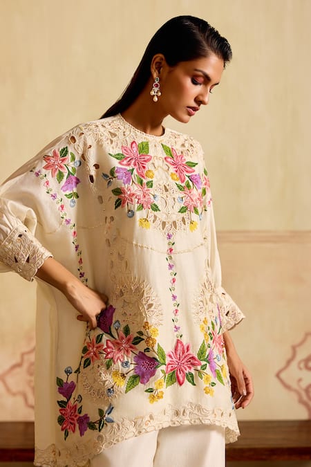 Buy Chandrima Ivory Chanderi Embroidery Round Neck Kimono Tunic And Cutwork Pants Online at Aza Fashions Buy_Chandrima_Ivory Chanderi Embroidery Round Neck Kimono Tunic And Cutwork Pants _Online_at_Aza_Fashions