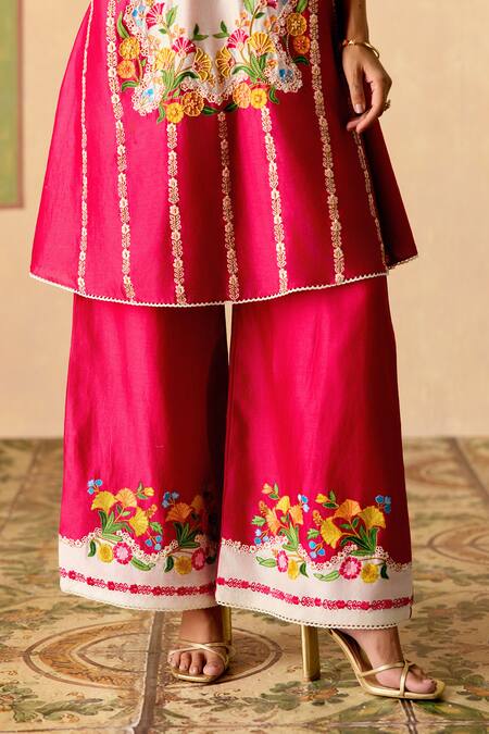 Chandrima Fuchsia Chanderi Embroidery Round Neck Floral Panelled Kurta And Flared Pant Set Online at Aza Fashions Chandrima_Fuchsia Chanderi Embroidery Round Neck Floral Panelled Kurta And Flared Pant Set _Online_at_Aza_Fashions