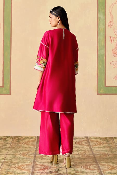 Shop Chandrima Fuchsia Chanderi Embroidery Round Neck Floral Panelled Kurta And Flared Pant Set at Aza Fashions Shop_Chandrima_Fuchsia Chanderi Embroidery Round Neck Floral Panelled Kurta And Flared Pant Set _at_Aza_Fashions