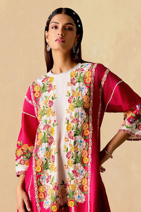 Buy Chandrima Fuchsia Chanderi Embroidery Round Neck Floral Panelled Kurta And Flared Pant Set Online at Aza Fashions Buy_Chandrima_Fuchsia Chanderi Embroidery Round Neck Floral Panelled Kurta And Flared Pant Set _Online_at_Aza_Fashions