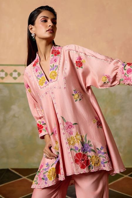 Buy Chandrima Pink Chanderi Embroidery, Beads V-neck Rose Threadwork Tunic And Pant Set Online at Aza Fashions Buy_Chandrima_Pink Chanderi Embroidery, Beads V-neck Rose Threadwork Tunic And Pant Set _Online_at_Aza_Fashions