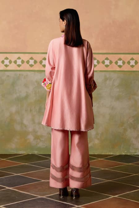 Shop Chandrima Pink Chanderi Embroidery, Beads V-neck Rose Threadwork Tunic And Pant Set at Aza Fashions Shop_Chandrima_Pink Chanderi Embroidery, Beads V-neck Rose Threadwork Tunic And Pant Set _at_Aza_Fashions
