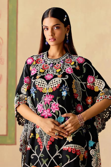 Shop Chandrima Black Silk Organza Beads, Embroidery Round Floral Threadwork Kaftan Online at Aza Fashions Shop_Chandrima_Black Silk Organza Beads, Embroidery Round Floral Threadwork Kaftan _Online_at_Aza_Fashions