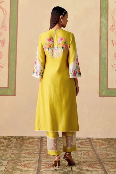 Shop Chandrima Yellow Chanderi Embroidery Round Neck Kurta And Sheer Panel Pants at Aza Fashions Shop_Chandrima_Yellow Chanderi Embroidery Round Neck Kurta And Sheer Panel Pants _at_Aza_Fashions
