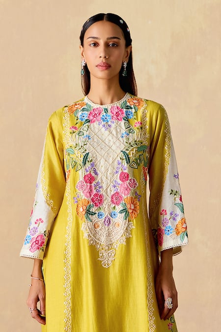 Chandrima Yellow Chanderi Embroidery Round Neck Kurta And Sheer Panel Pants Online at Aza Fashions Chandrima_Yellow Chanderi Embroidery Round Neck Kurta And Sheer Panel Pants _Online_at_Aza_Fashions