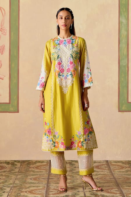 Chandrima Yellow Chanderi Embroidery Round Neck Kurta And Sheer Panel Pants 