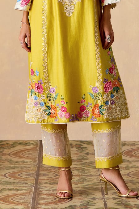 Buy Chandrima Yellow Chanderi Embroidery Round Neck Kurta And Sheer Panel Pants Online at Aza Fashions Buy_Chandrima_Yellow Chanderi Embroidery Round Neck Kurta And Sheer Panel Pants _Online_at_Aza_Fashions