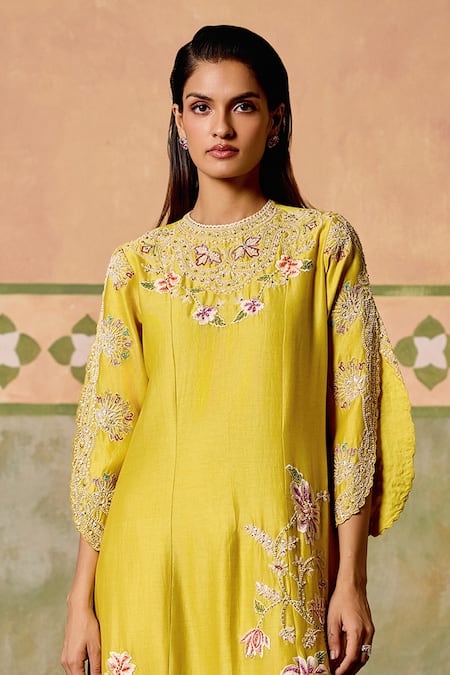 Chandrima_Yellow Chanderi Embroidery Round Neck Flared Long Kurta And Sheer Panel Pants _Online_at_Aza_Fashions