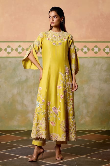 Chandrima_Yellow Chanderi Embroidery Round Neck Flared Long Kurta And Sheer Panel Pants _at_Aza_Fashions