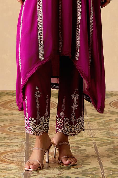 Chandrima_Purple Silk, Chanderi, Georgette Embroidery Round Contrast Kimono Kurta Set _Online_at_Aza_Fashions