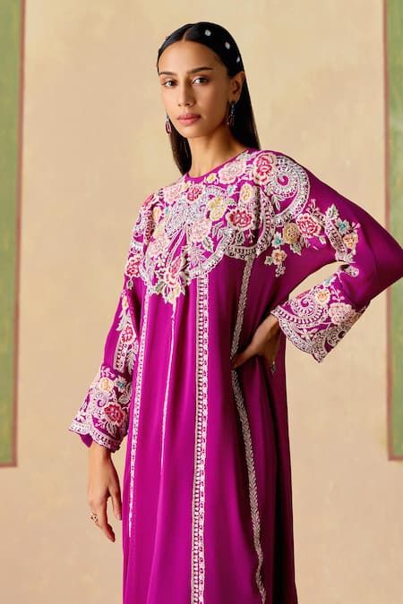 Buy_Chandrima_Purple Silk, Chanderi, Georgette Embroidery Round Contrast Kimono Kurta Set _Online_at_Aza_Fashions