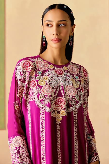 Shop_Chandrima_Purple Silk, Chanderi, Georgette Embroidery Round Contrast Kimono Kurta Set _Online_at_Aza_Fashions