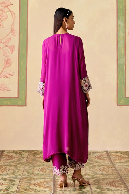 Shop_Chandrima_Purple Silk, Chanderi, Georgette Embroidery Round Contrast Kimono Kurta Set _at_Aza_Fashions