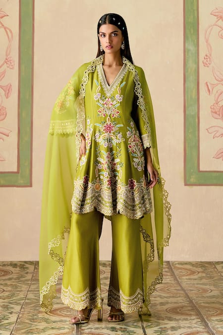 Chandrima Olive Green Chanderi Embroidery V-neck Contrast Cordwork Kurta And Pant Set 