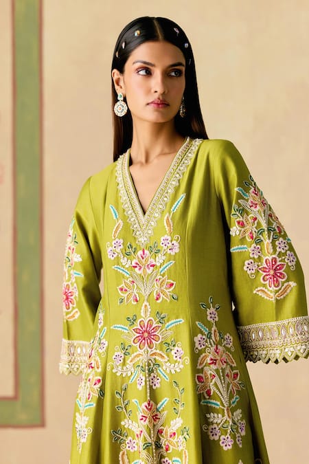 Chandrima Olive Green Chanderi Embroidery V-neck Contrast Cordwork Kurta And Pant Set Online at Aza Fashions Chandrima_Olive Green Chanderi Embroidery V-neck Contrast Cordwork Kurta And Pant Set _Online_at_Aza_Fashions