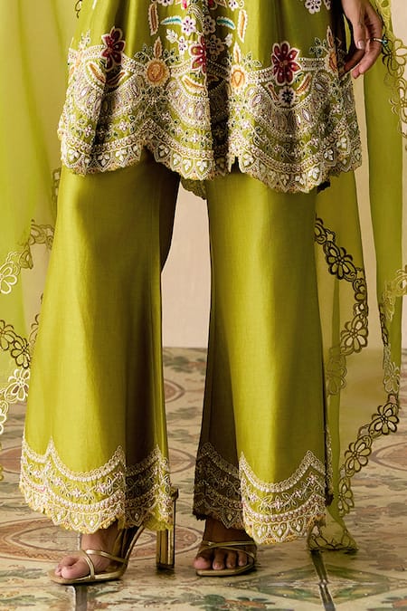 Buy Chandrima Olive Green Chanderi Embroidery V-neck Contrast Cordwork Kurta And Pant Set Online at Aza Fashions Buy_Chandrima_Olive Green Chanderi Embroidery V-neck Contrast Cordwork Kurta And Pant Set _Online_at_Aza_Fashions