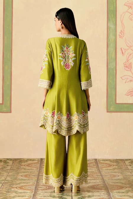 Shop Chandrima Olive Green Chanderi Embroidery V-neck Contrast Cordwork Kurta And Pant Set at Aza Fashions Shop_Chandrima_Olive Green Chanderi Embroidery V-neck Contrast Cordwork Kurta And Pant Set _at_Aza_Fashions
