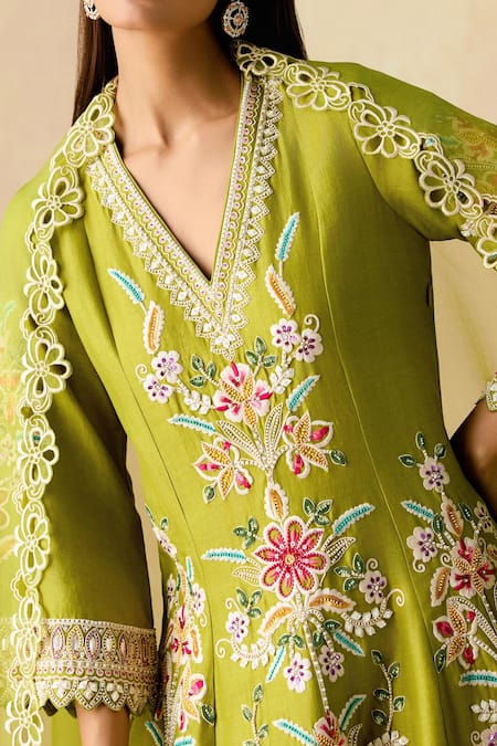 Shop Chandrima Olive Green Chanderi Embroidery V-neck Contrast Cordwork Kurta And Pant Set Online at Aza Fashions Shop_Chandrima_Olive Green Chanderi Embroidery V-neck Contrast Cordwork Kurta And Pant Set _Online_at_Aza_Fashions