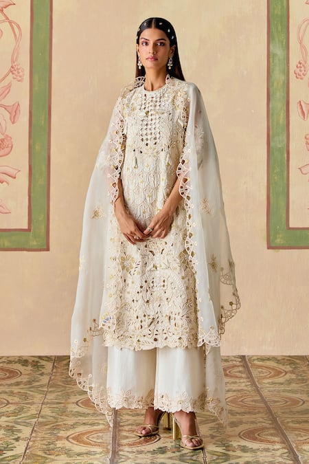 Chandrima Ivory Chanderi Cut Work, Embroidery Round Neck Cutwork Kurta And Flared Pants Set