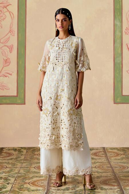 Shop_Chandrima_Ivory Chanderi Cut Work, Embroidery Round Neck Cutwork Kurta And Flared Pants Set _Online_at_Aza_Fashions