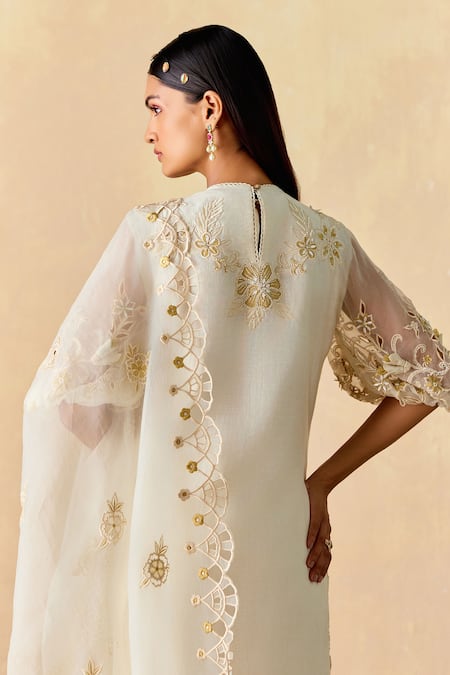 Chandrima_Ivory Silk Organza Embroidery Cutwork Dupatta _Online_at_Aza_Fashions