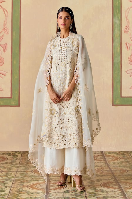 Chandrima Ivory Silk Organza Embroidery Cutwork Dupatta