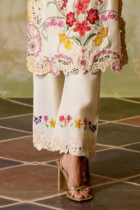 Chandrima Ivory Chanderi Embroidery, Cut Work Round Neck Floral Threadwork Kurta Set Online at Aza Fashions Chandrima_Ivory Chanderi Embroidery, Cut Work Round Neck Floral Threadwork Kurta Set _Online_at_Aza_Fashions