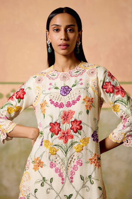 Buy Chandrima Ivory Chanderi Embroidery, Cut Work Round Neck Floral Threadwork Kurta Set Online at Aza Fashions Buy_Chandrima_Ivory Chanderi Embroidery, Cut Work Round Neck Floral Threadwork Kurta Set _Online_at_Aza_Fashions