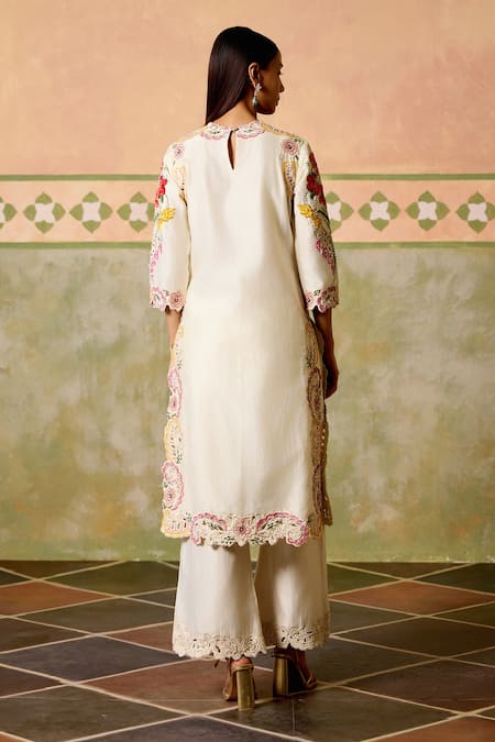 Shop Chandrima Ivory Chanderi Embroidery, Cut Work Round Neck Floral Threadwork Kurta Set at Aza Fashions Shop_Chandrima_Ivory Chanderi Embroidery, Cut Work Round Neck Floral Threadwork Kurta Set _at_Aza_Fashions