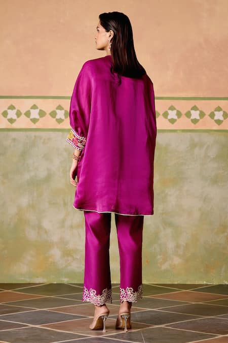Shop Chandrima Purple Silk Organza, Chanderi Embroidery Round Neck Kimono Tunic And Pants at Aza Fashions Shop_Chandrima_Purple Silk Organza, Chanderi Embroidery Round Neck Kimono Tunic And Pants _at_Aza_Fashions