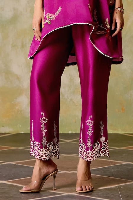 Chandrima Purple Silk Organza, Chanderi Embroidery Round Neck Kimono Tunic And Pants Online at Aza Fashions Chandrima_Purple Silk Organza, Chanderi Embroidery Round Neck Kimono Tunic And Pants _Online_at_Aza_Fashions