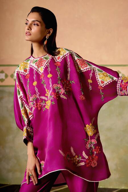 Buy Chandrima Purple Silk Organza, Chanderi Embroidery Round Neck Kimono Tunic And Pants Online at Aza Fashions Buy_Chandrima_Purple Silk Organza, Chanderi Embroidery Round Neck Kimono Tunic And Pants _Online_at_Aza_Fashions