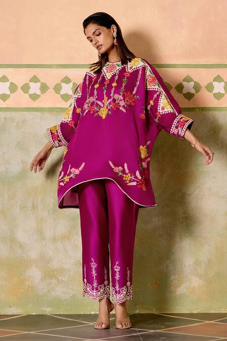 Shop Chandrima Purple Silk Organza, Chanderi Embroidery Round Neck Kimono Tunic And Pants Online at Aza Fashions Shop_Chandrima_Purple Silk Organza, Chanderi Embroidery Round Neck Kimono Tunic And Pants _Online_at_Aza_Fashions