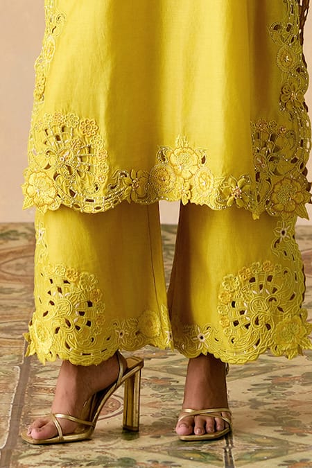 Chandrima_Yellow Chanderi Cut Work Round Neck Kurta And Pant Set _Online_at_Aza_Fashions