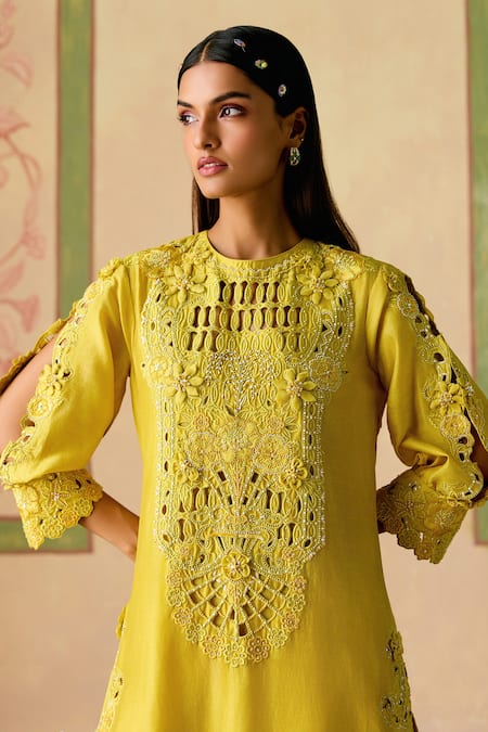 Buy_Chandrima_Yellow Chanderi Cut Work Round Neck Kurta And Pant Set _Online_at_Aza_Fashions