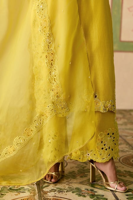 Chandrima_Yellow Silk Organza Sequins Cutwork Dupatta _Online_at_Aza_Fashions