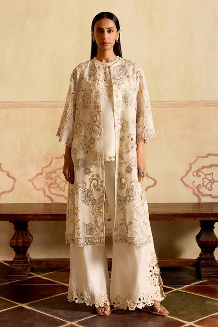 Chandrima Ivory Silk Organza Embroidery Round Neck Jacket Online at Aza Fashions Chandrima_Ivory Silk Organza Embroidery Round Neck Jacket _Online_at_Aza_Fashions