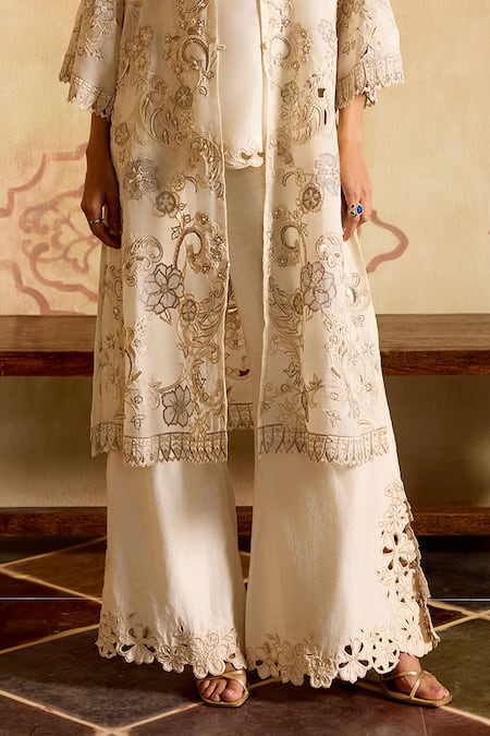 Chandrima_Ivory Chanderi Cut Work Round Neck Tunic _Online_at_Aza_Fashions