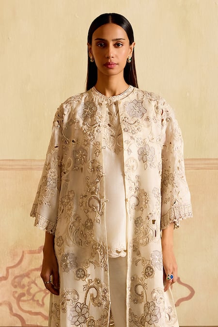 Buy_Chandrima_Ivory Chanderi Cut Work Round Neck Tunic _Online_at_Aza_Fashions