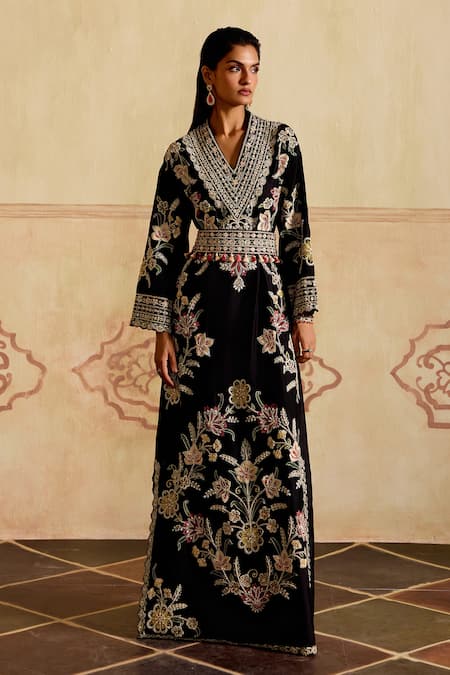 Chandrima_Black Chanderi Embroidery, Tassels V-neck Contrast Dress Kurta _Online_at_Aza_Fashions