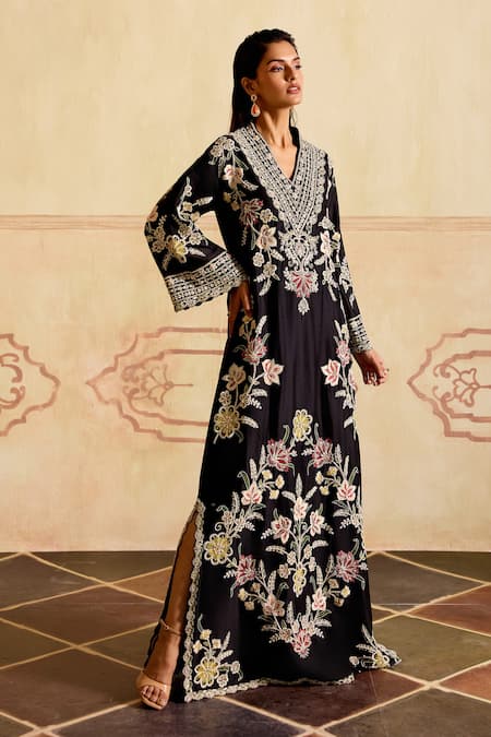 Buy_Chandrima_Black Chanderi Embroidery, Tassels V-neck Contrast Dress Kurta _Online_at_Aza_Fashions