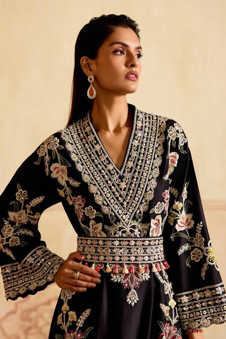 Shop_Chandrima_Black Chanderi Embroidery, Tassels V-neck Contrast Dress Kurta _Online_at_Aza_Fashions