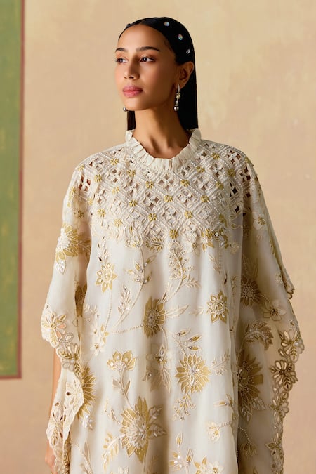 Chandrima_Ivory Silk Organza Embroidery Round Neck Gold Kaftan _Online_at_Aza_Fashions