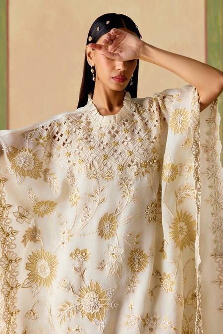 Buy_Chandrima_Ivory Silk Organza Embroidery Round Neck Gold Kaftan _Online_at_Aza_Fashions
