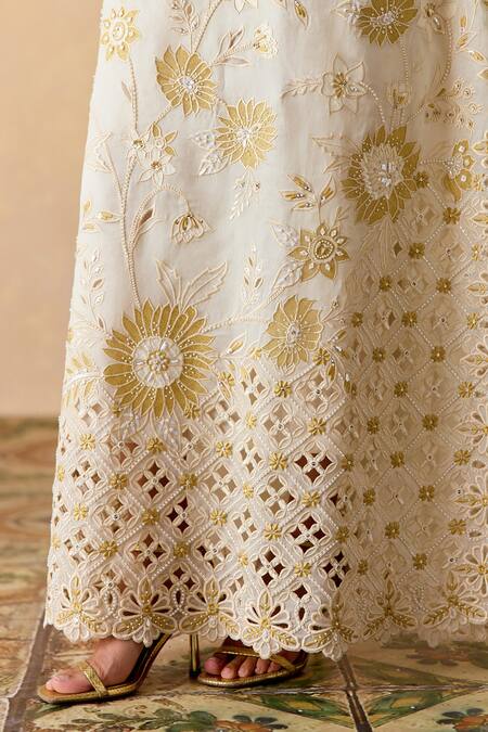Shop_Chandrima_Ivory Silk Organza Embroidery Round Neck Gold Kaftan _Online_at_Aza_Fashions