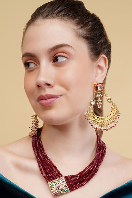 Shop_Dugran By Dugristyle_Gold Plated Beads, Stones Laal Jadoo Chand _at_Aza_Fashions