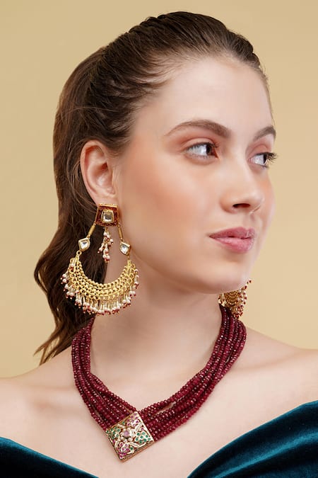 Buy_Dugran By Dugristyle_Gold Plated Beads, Stones Laal Jadoo Chand _Online_at_Aza_Fashions
