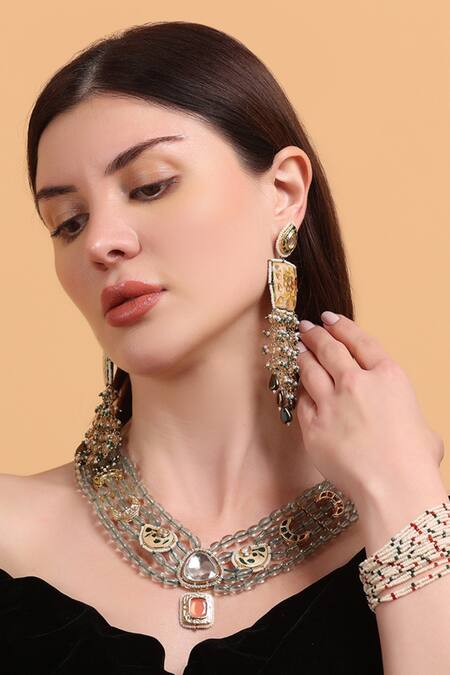 Dugran By Dugristyle_Multi Color Beads Abru Gul Drop Earrings _at_Aza_Fashions