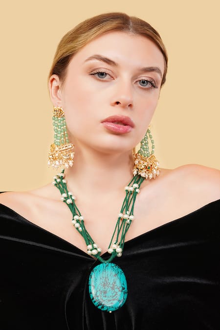 Shop_Dugran By Dugristyle_Green Beads Sabz Khwab Drop Earrings _at_Aza_Fashions